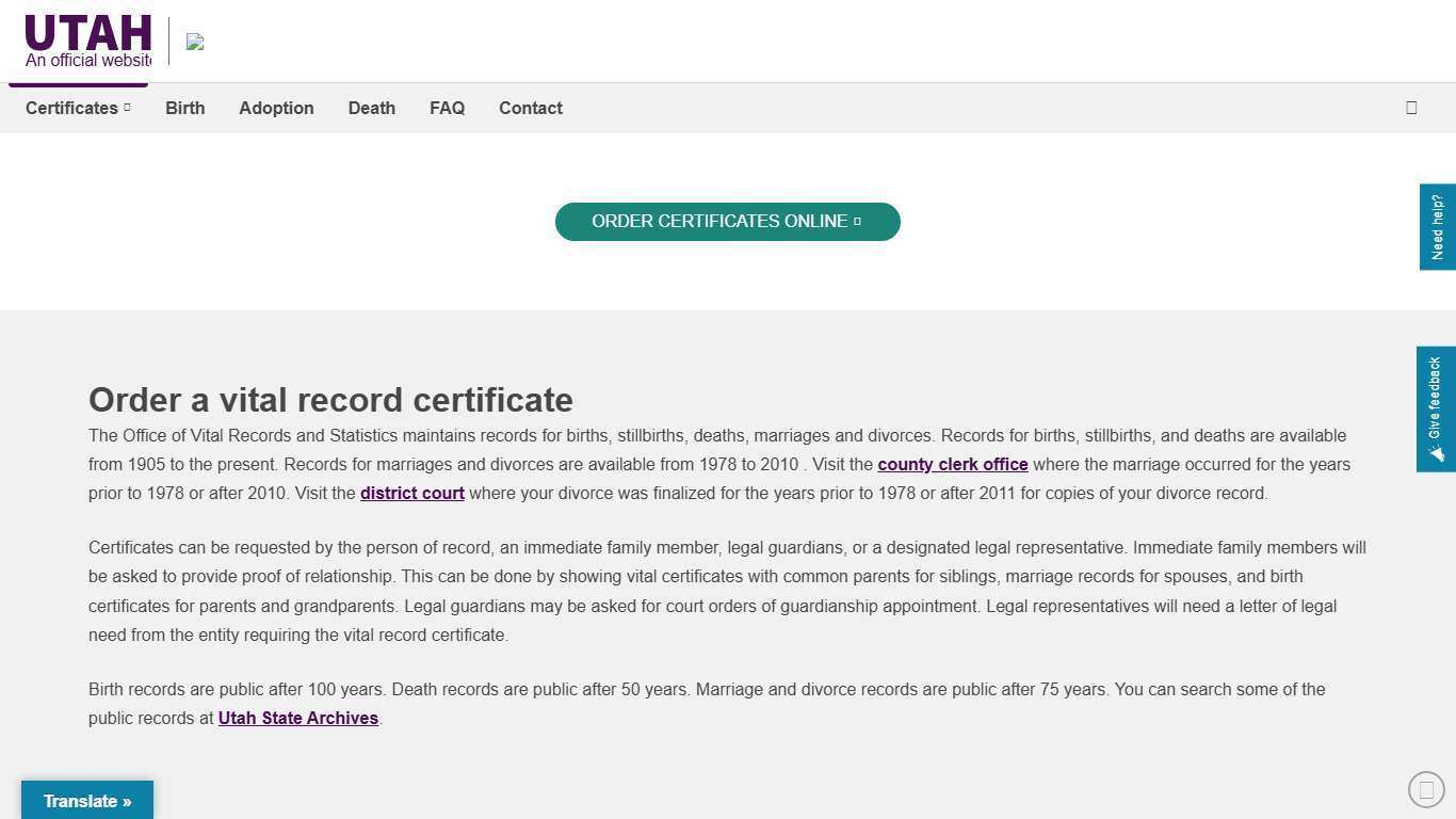 Order a Vital Record Certificate | Utah Office of Vital Records and Statistics